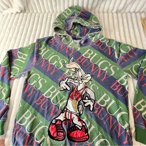 Looney Tunes Bugs Bunny Hoodie Retro Green and Blue with Embroidered 3D Optic